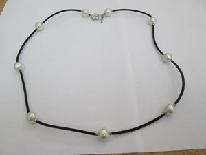 NEW BLACK CORD, T BAR CLOSURE NECKLACE WITH WHITE COLOURED BEADS. - Picture 1 of 3