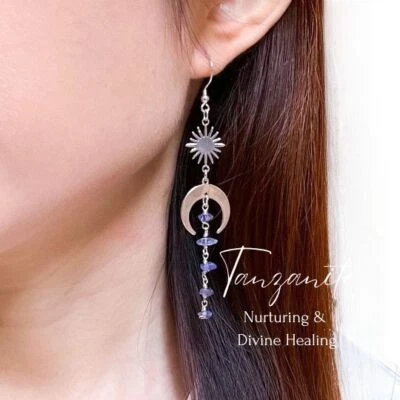 Pendientes colgantes largos de piedras preciosas de tanzanita luna y estrella, curación divina, nutrición Foto 1 de 4