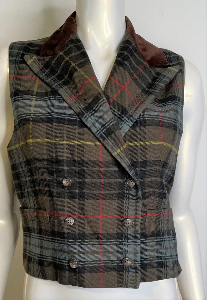 Polo Ralph Lauren Chaleco a Cuadros Verde Oliva Mujer M Lana y Terciopelo Doble Pecho Foto 1 de 4