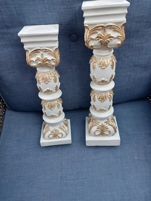 Candlestick candle holders  ornate white and gold style x 2 - Image 1 of 4