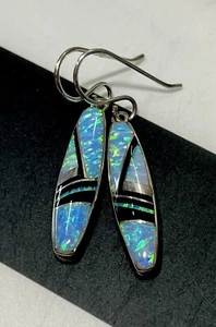 Opal And Onyx Inlay signed Sterling Silver Drop Dangle Southwestern Earrings - Picture 1 of 5