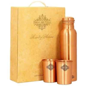 Pure Copper Drinkware Gift Set of Plain Matt Finish Design 1 Bottle & 2 Glass - Picture 1 of 3
