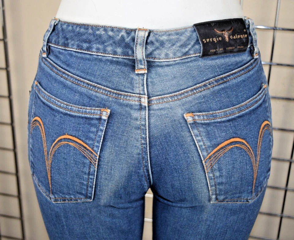 Pantalones de mezclilla Sergio Valente de colección 28 x 29 años 90 azul medio lavado suave desvanecimiento ligero acampanado pierna Foto 1 de 4