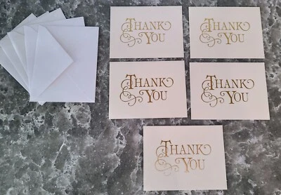 Lote de 5 tarjetas clásicas doradas "Gracias" interiores en blanco sueltas Foto 1 de 3