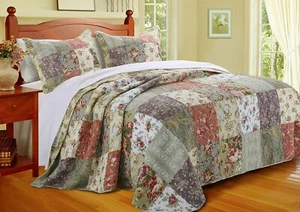 NEW!~ XXX-L COTTAGE CHIC GREEN WHITE RED LAVENDER PINK ROSE BEDSPREAD QUILT SET - Picture 1 of 3
