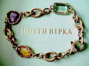 Judith Ripka Gold-clad Sterling Silver Gemstone and CZ Bracelet Sz AVG JR Box - Picture 1 of 11