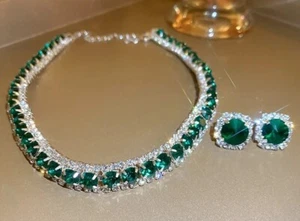 Women's Jewelry Set Necklace Earrings Simulated Emeralds Diamonds Green Gemstone - Picture 1 of 6