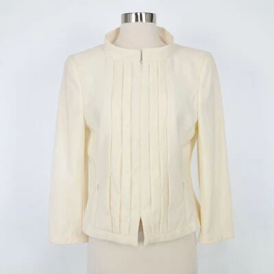 Akris Wool Blazer Jacket 8 Cream Ivory White Cropped Pleated Front Zip Career - Image 1 of 4