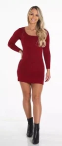 NVGTN Size XL Red Ribbed Stretch Mini Dress Long Sleeve Side Slits EUC #T10-1 - Picture 1 of 9