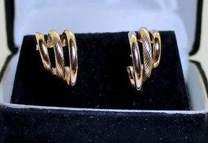 Very Unique 14K Yellow Gold Ladies Triple Hoop Stick/Stud Earrings - Picture 1 of 6