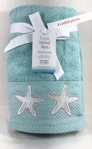 (2 Pc Set) GREY STARFISH Embroidered on AQUA BATHROOM HAND TOWELS New - Picture 1 of 3