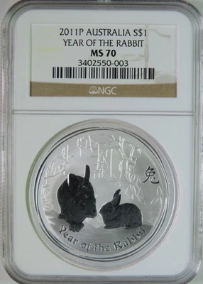2011 P Australia Lunar Year of the Rabbit 1oz .999 Silver $1 Coin NGC MS70 - Image 1 of 4