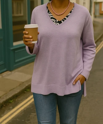 New!! designer Mint Velvet Linen V-Neck Boxy Jumper M 14 16 Lilac Autumn weight - Image 1 of 4