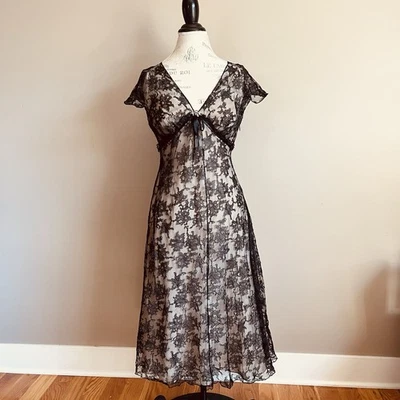 Y2K Sheer Black Floral Lace A-Line Dress 8 Dark Fairy Whimsy Goth Emo Romantic - Image 1 of 4