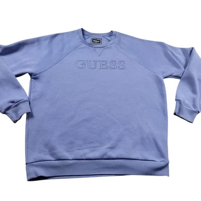 Guess Sweatshirt Mens Large Blue Fleece Pulllover Spellout Logo Casual Crew - Image 1 of 4