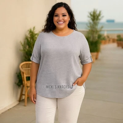 Adrienne Vittadini Plus Linen Striped Roll Tab Sleeve Blouse Navy White Size 1X - Image 1 of 4