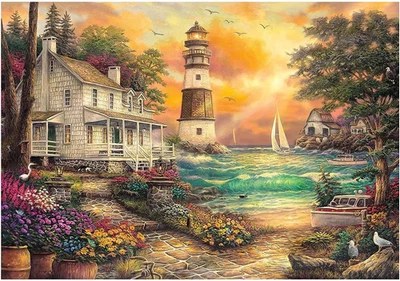 Kits de pintura de diamantes para adultos, cabaña junto al árbol del mar 5D hágalo usted mismo kits de arte de diamantes Foto 1 de 4