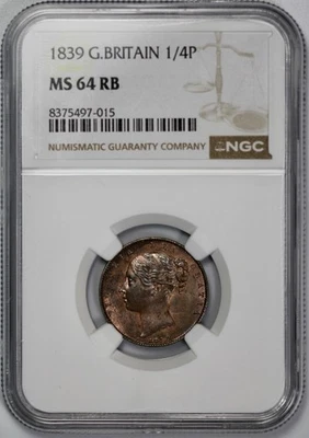 1839 Great Britain 1/4P Farthing NGC MS 64 RB - Image 1 of 4