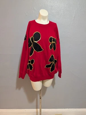 Vintage Rockabilly Christmas Sweater XL Red Black Bows Sequin Holiday Coquette - Image 1 of 4