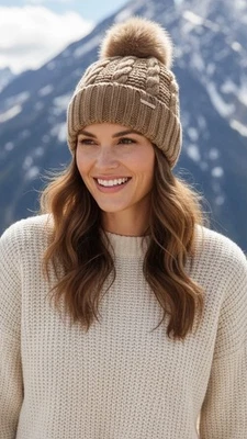 NUEVO CON ETIQUETAS GORRO MICHAEL KORS PIEL SINTÉTICA CABLE TEJIDO POLAR FORRADO POM POM GORRO CAMEL OS Foto 1 de 4