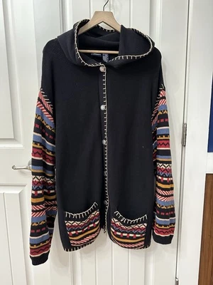 Cárdigan Liz Sport Azteca Negro Suéter Abotonado Capucha Boho Suroeste Talla L Foto 1 de 4