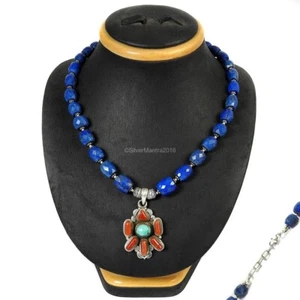 Oval Turquoise Solid 925 Silver Birthday Cluster Throat Chakra Bezel Necklace - Picture 1 of 5