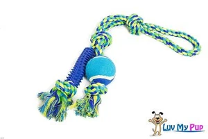 Geflochtenes Hundeseil Spielzeug mit Tennisball, gewebter Schlaufe und Gummidachel - Bild 1 von 2