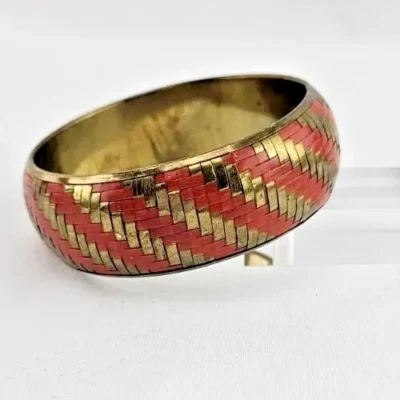 Vintage Woven Brass Bangle Bracelet Gold Tone with Orange Accents Classic Design - Image 1 of 4
