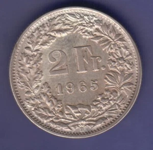 SCHWEIZ - HELVETIA - SWISS 2 FR 1965 Silber  - Bild 1 von 2