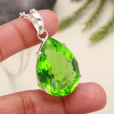 Natural Peridot Quartz Pear Shape Pendant Solid Silver 925 Pendant For Her - Image 1 of 4