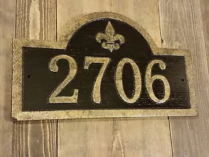 Custom Address Sign Fleur De Lis Antique Brass Finished Wood - Picture 1 of 5