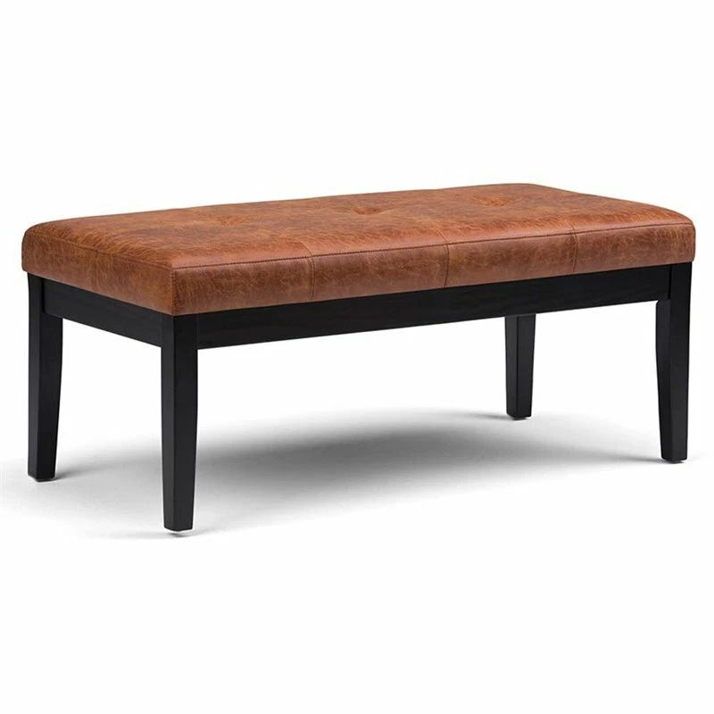 Simpli Home Lacey Faux Leather Tufted Ottoman Bench in Saddle Brown