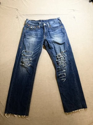 True Religion Relaxed Jeans Mens 31x30 Blue Distressed Flap Pockets Raw Hem - Image 1 of 4