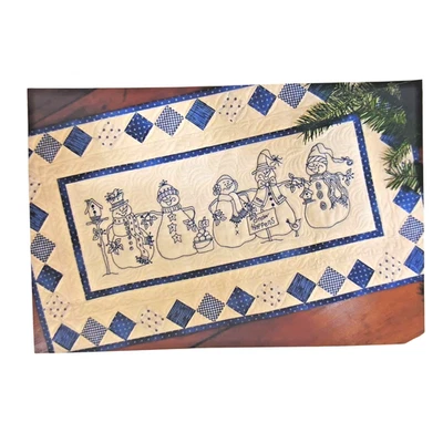 Snow Happens Table Runner Embroidered Quilt Kit Bird Brain Designs Snowman Blue - Image 1 of 4