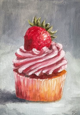 Pintura al óleo original impresionismo moderno fresa Cupcake 5"x7" Foto 1 de 4