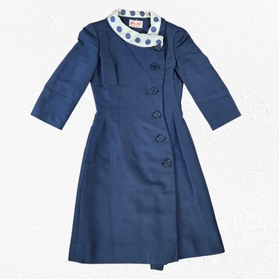 1950s Vintage Navy Polka Dot Collar Asymmetrical Button Jane Nell Dress Size 4 - Image 1 of 4