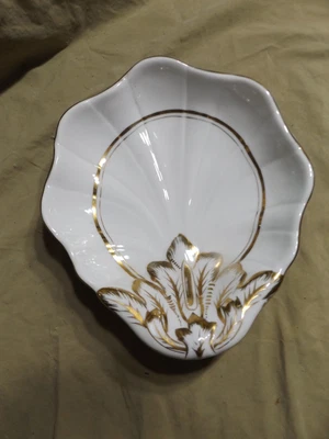 Antique White Ironstone Shell Shaped Dessert Candy Nut Dish Gold Band Decorated - Image 1 of 4