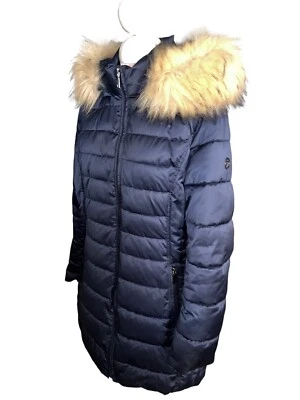 Abrigo acolchado de plumón con ribete de piel sintética extraíble con capucha para mujer Tahari Negro Grande Foto 1 de 4