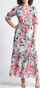 Eliza J Womens Sz 8 Belted Maxi Shirt Dress Lt Blue Floral Chiffon Long NEW - Picture 1 of 15