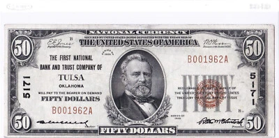 $50 1929 T1 National TULSA Oklahoma OK 🇺🇸 Better Grade 🇺🇸 Problem Free 🇺🇸 - Image 1 of 2