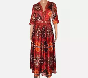 Maxi Vestido NUEVO CON ETIQUETAS DREAM Grace Rojo Multicolor Plisado Manga 3/4 Forrado Crochet Talla L - Imagen 1 de 7
