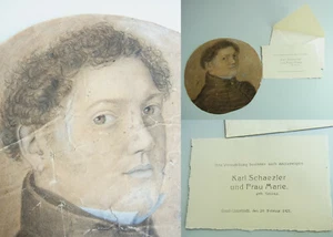 Porträt-Zeichnung um 1860 & Hochzeitsanzeige, Fam. SCHAEZLER (Stierhöfstetten) - Imagen 1 de 10