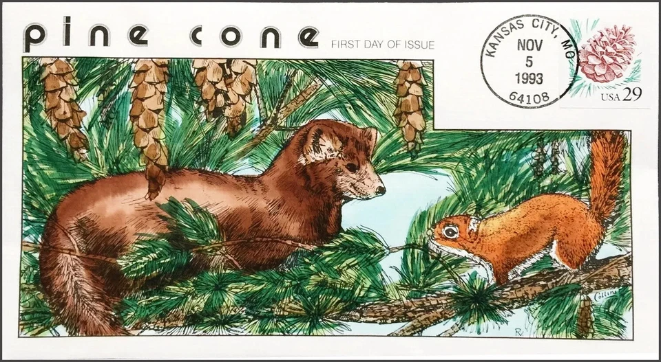 #2491 U/A COLLINS HAND PAINTED FDC Pine Cone - Image 1 of 1