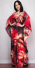 Bohemian Printed Red V-neck Floral Sleeve Dress Women Casual Beachwear Kaftan