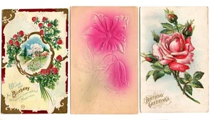 3Vintage Embossed Birthday Wishes Postcards-1908, 1911, 1911 POSTED - Picture 1 of 2