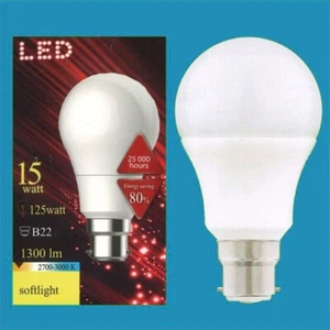 2x 15W (=125W) LED GLS A65 Bayonet Cap BC B22 3000K Soft Light Lamp Bulb - Picture 1 of 1
