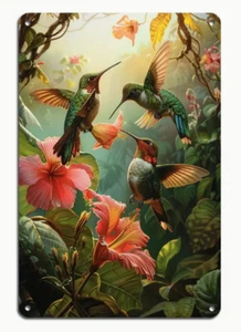 METAL ART-Vintage Style Hummingbird & Flowers Metal Art Wall Decor, 8x12" - Picture 1 of 3