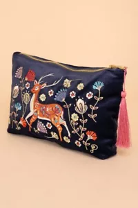 Sacchetto da donna in velluto cipria ricamato arte popolare cervo con zip borsa regalo ardesia prezzo consigliato £ 28 - Foto 1 di 2