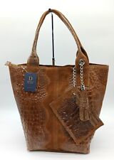 Italian Leather Suede Croc Embossed Shoulder Bag Tote Made In Italy - Brown