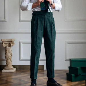 Men's Corduroy Naples Trousers Straight Leg High-Waisted British Vintage Pants - Picture 1 of 17